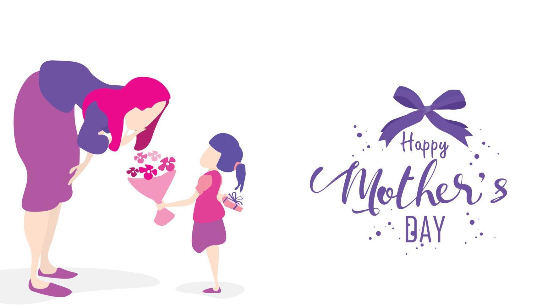 feliz día de la madre hija felicita a mamá y le da flores tulipanes. mamá sonriendo y sorprendiendo. estilo de diseño plano de ilustración vectorial. - vectores