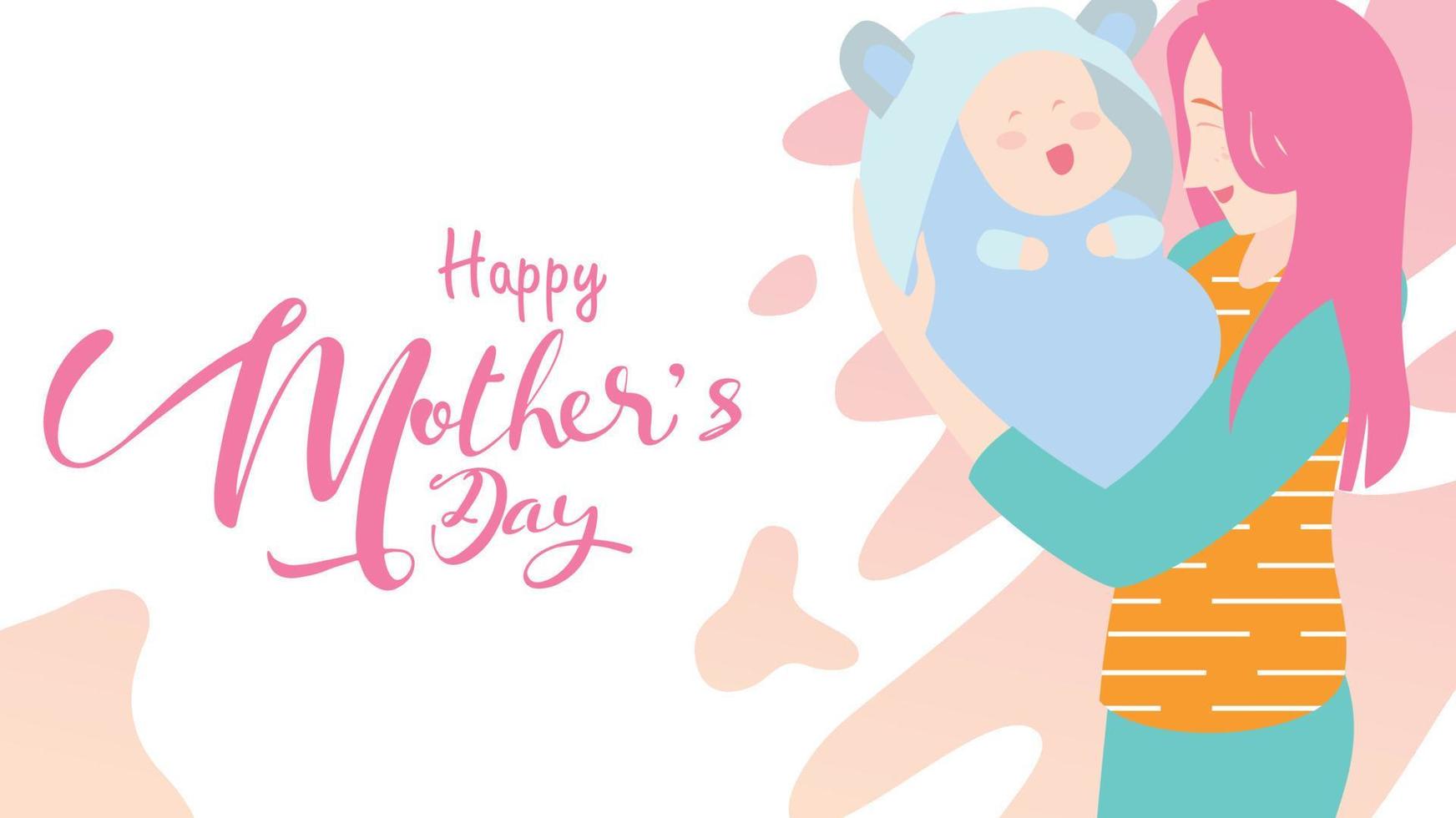 Happy mother's day beautiful Mum laughing, smiling and holding healthy baby with happy. Colorful vector illustration flat design style. Flat cartoon style. - vector