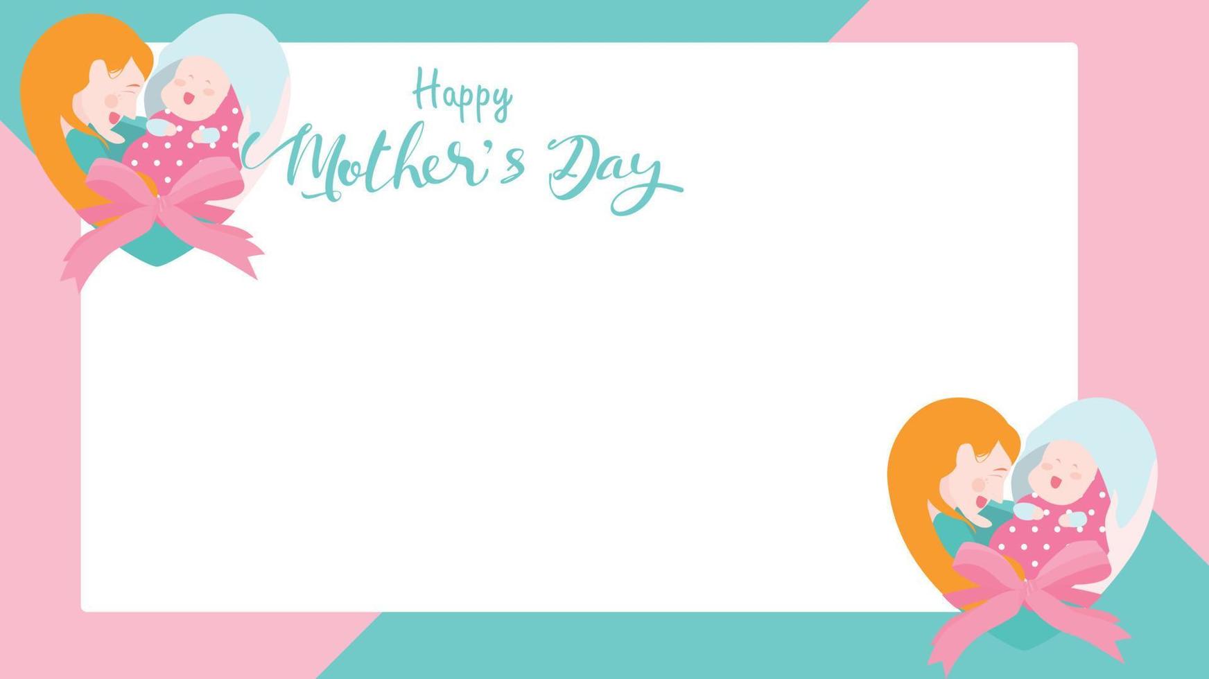 Happy mother's day banner. Mum laughing, smiling, holding and hugging her baby with forming of heart shape or love symbol. Colorful vector illustration flat design style. Copy space for text. - vector