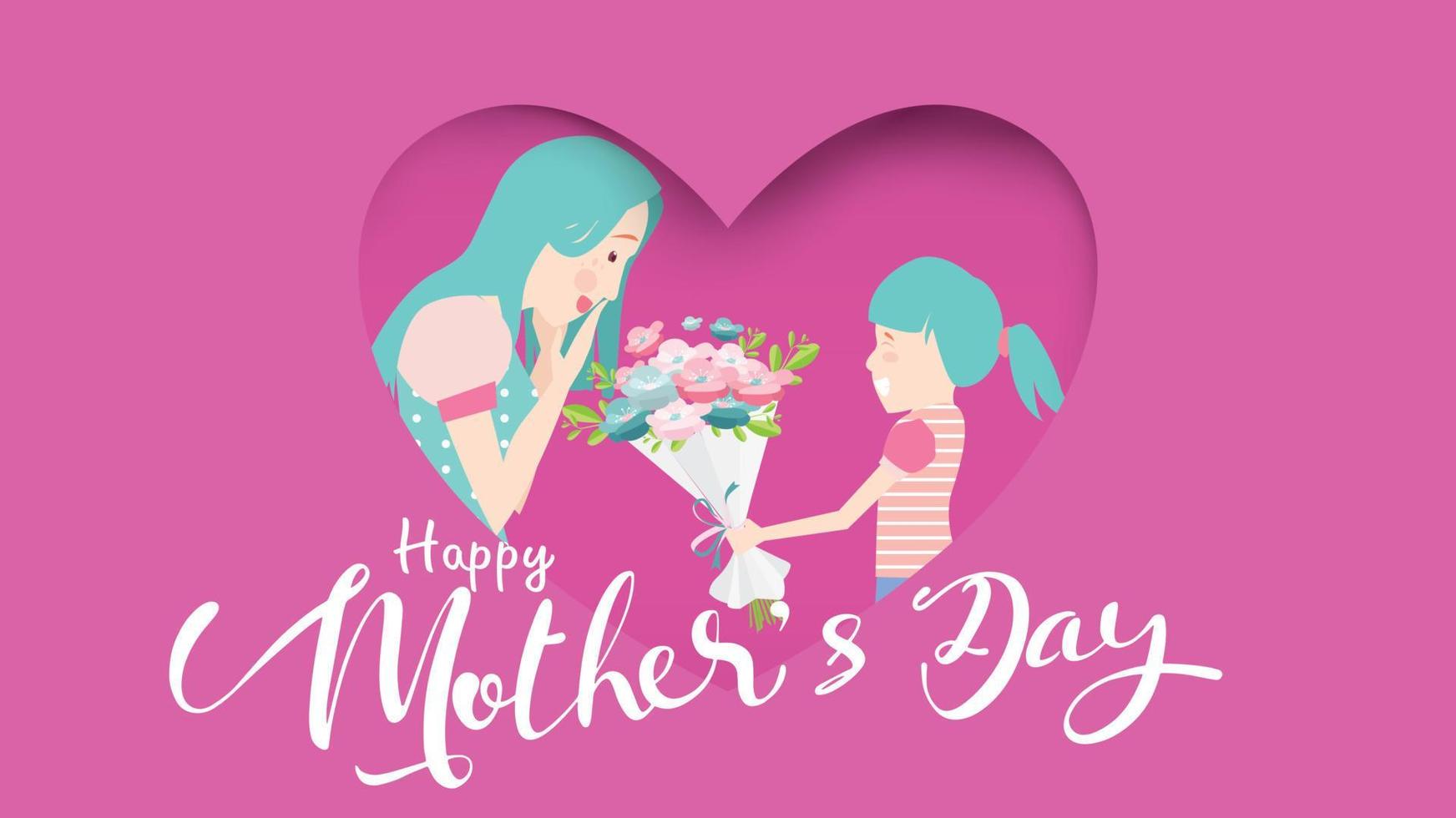 vector illustration Happy mother's day Child daughter congratulates mom and gives her flowers tulips in frame of heart shape paper cut. Mum smiling and surprising. flat design style. - vector