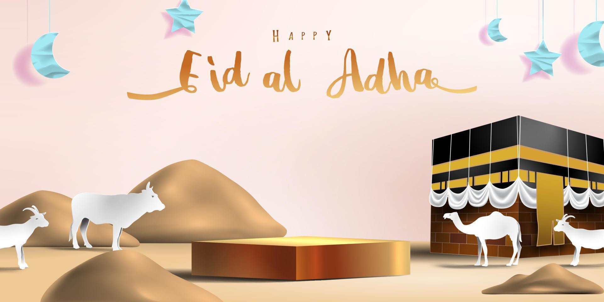 Eid al adha islamic decoration display podium background with goat, camel , cow , moon and star . Product showcase for ramadan kareem, mawlid, eid al fitr, muharram vector
