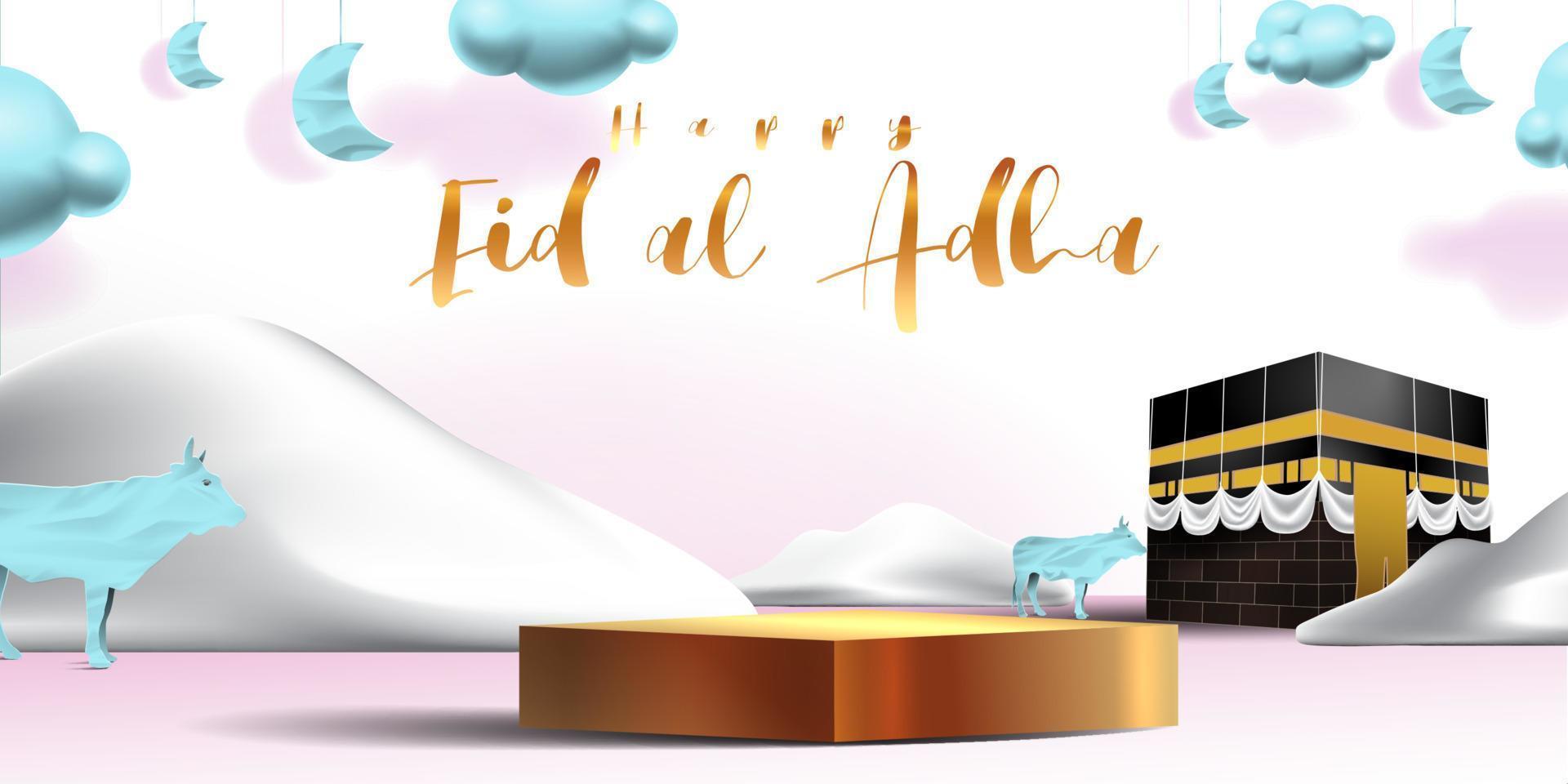 Eid al adha islamic decoration display podium background with goat, camel , cow , moon and star . Product showcase for ramadan kareem, mawlid, eid al fitr, muharram vector