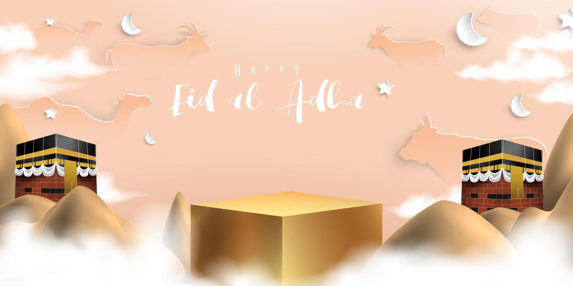 Eid al adha islamic decoration display podium background with goat, camel , cow , moon and star . Product showcase for ramadan kareem, mawlid, eid al fitr, muharram vector