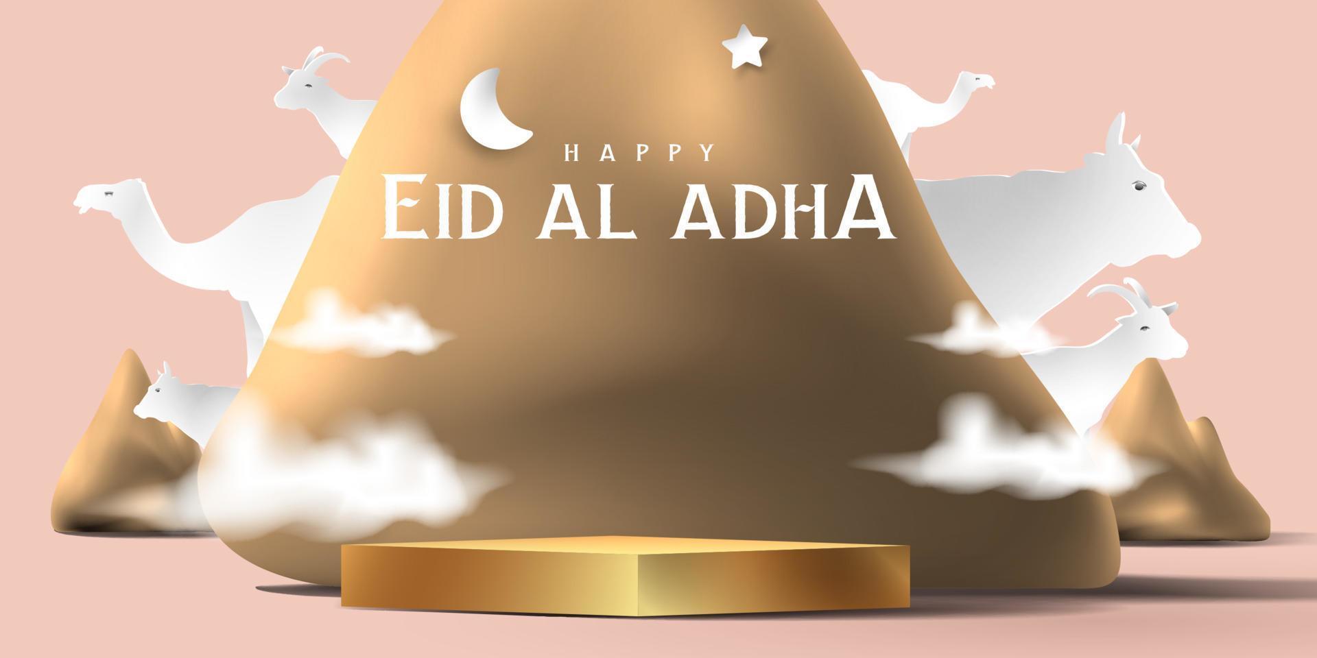 Eid al adha islamic decoration display podium background with goat, camel , cow , moon and star . Product showcase for ramadan kareem, mawlid, eid al fitr, muharram vector