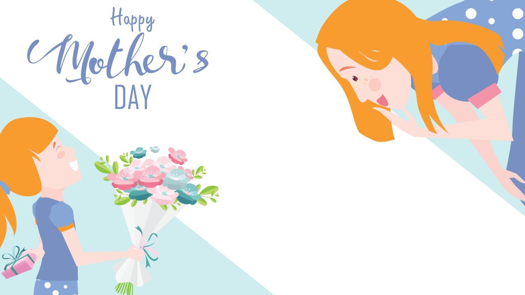 feliz tarjeta de felicitación del día de la madre. la hija del niño felicita a mamá y le da flores tulipanes. estilo de diseño plano de ilustración vectorial. estilo de dibujos animados plana. copie el espacio para el texto. - vectores