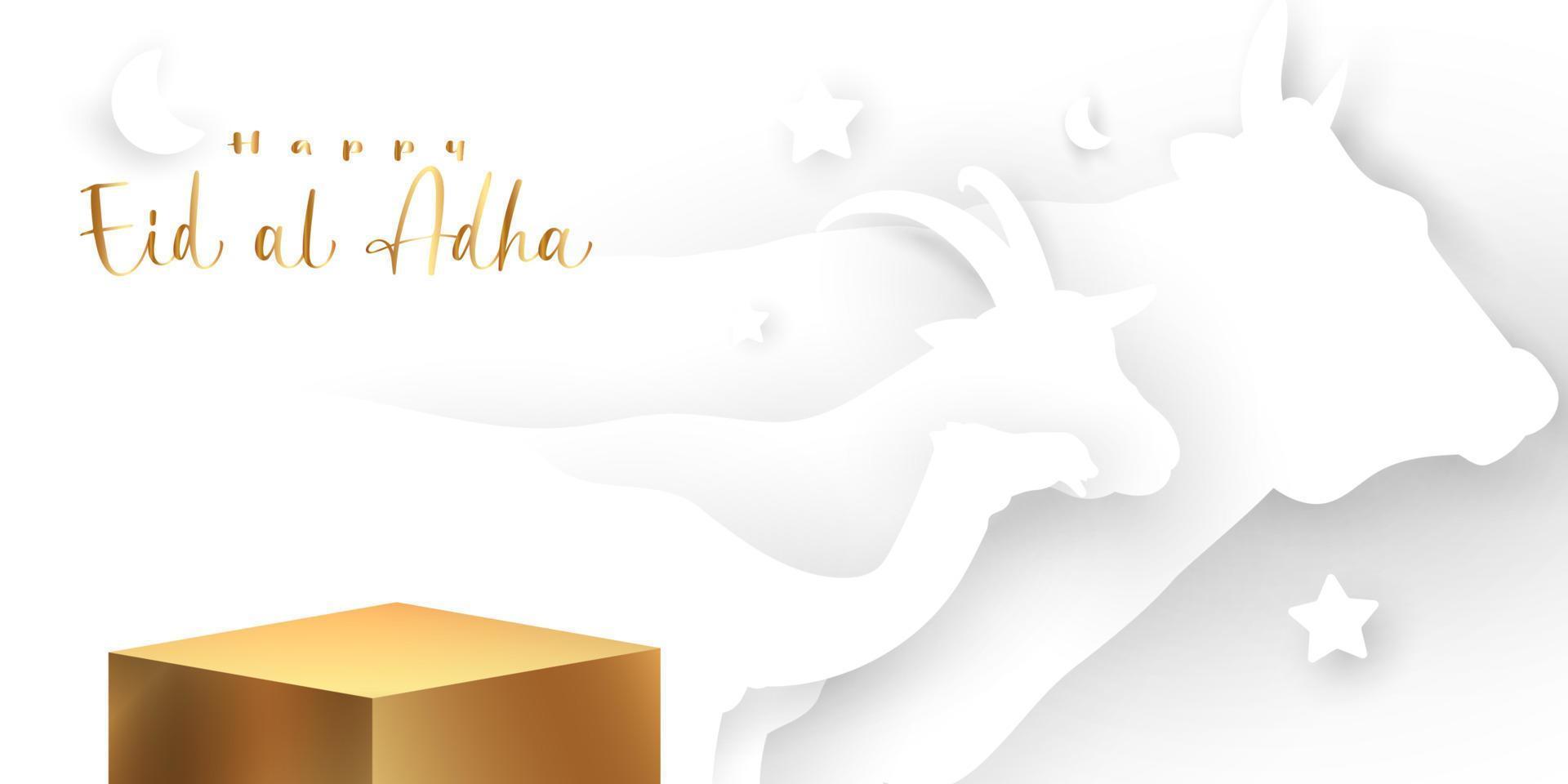 Eid al adha islamic decoration display podium background with goat, camel , cow , moon and star . Product showcase for ramadan kareem, mawlid, eid al fitr, muharram vector