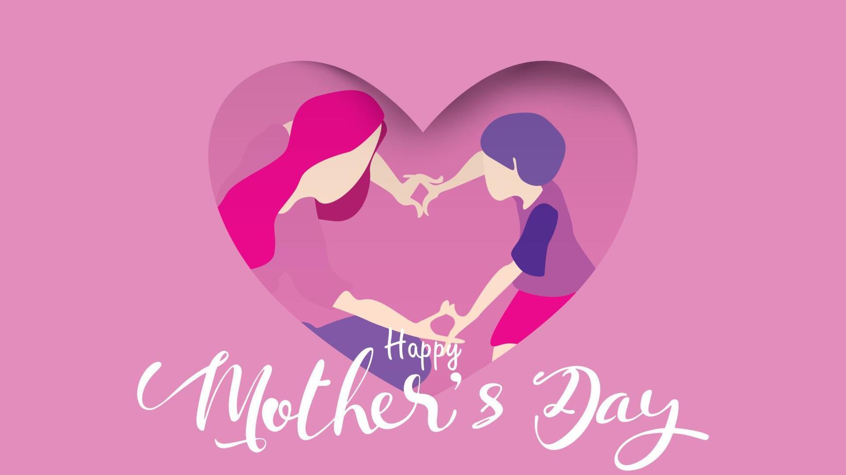 Happy mother's day framing of Cute little boy congratulates mom dancing, playing, laughing, and showing heart shape symbol in paper cut style. Vector illustration flat design style. - vector
