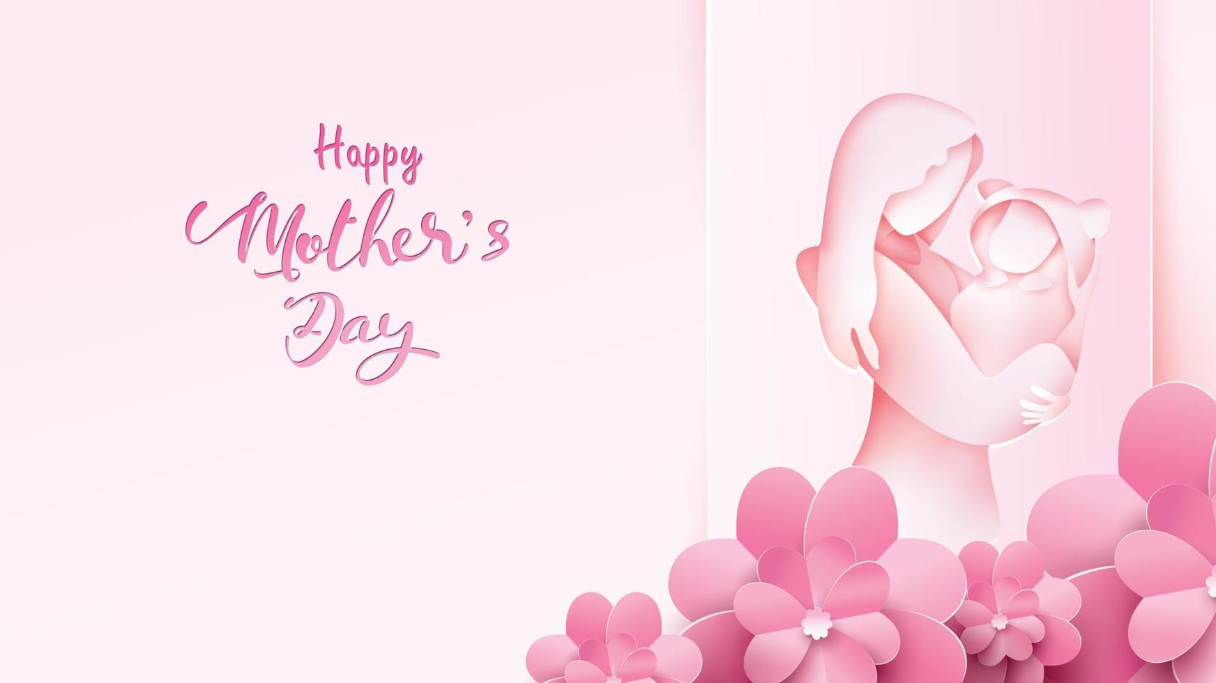 Happy mother's day greeting card. Paper cut style mum smiling and holding healthy baby with happiness in pink background with flowers frame. Vector illustration. Copy space for text. - Vector