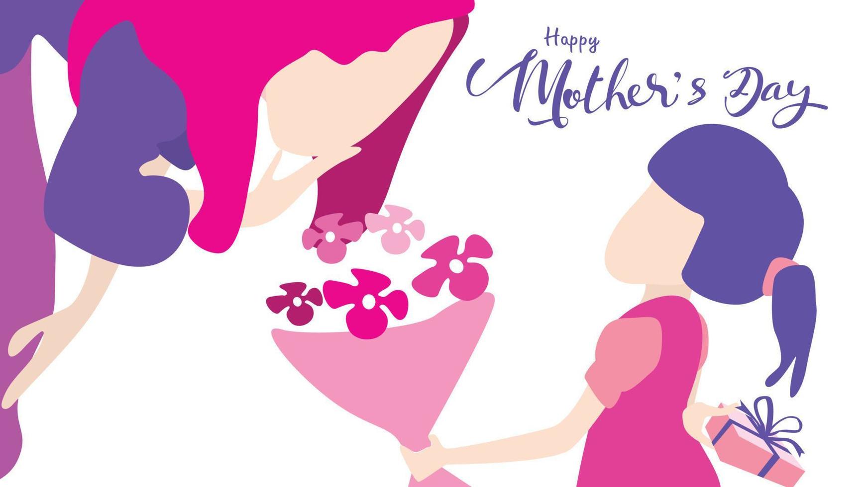 Happy mother's day Child daughter congratulates mom and gives her flowers tulips. Mum smiling and surprising. Vector illustration flat design style. - Vector