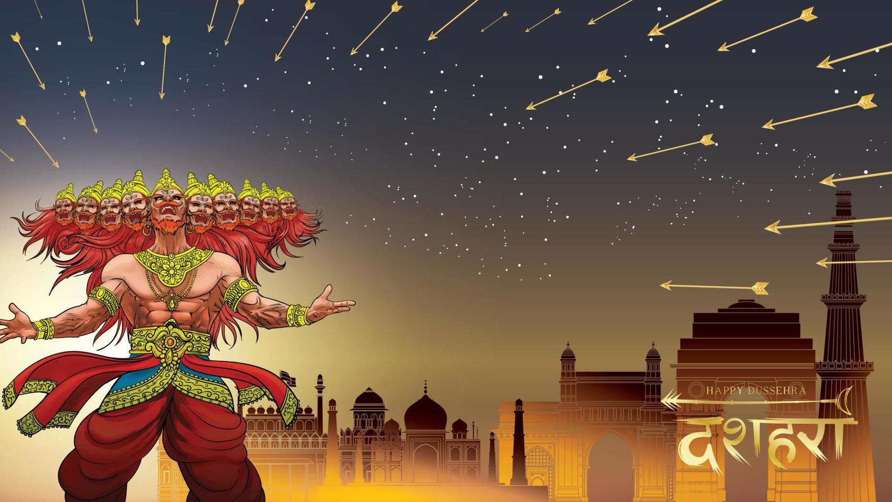 ilustración vectorial creativa de lord rama matando a ravana en el feliz festival de carteles dussehra navratri de la india. traducción dussehra vector