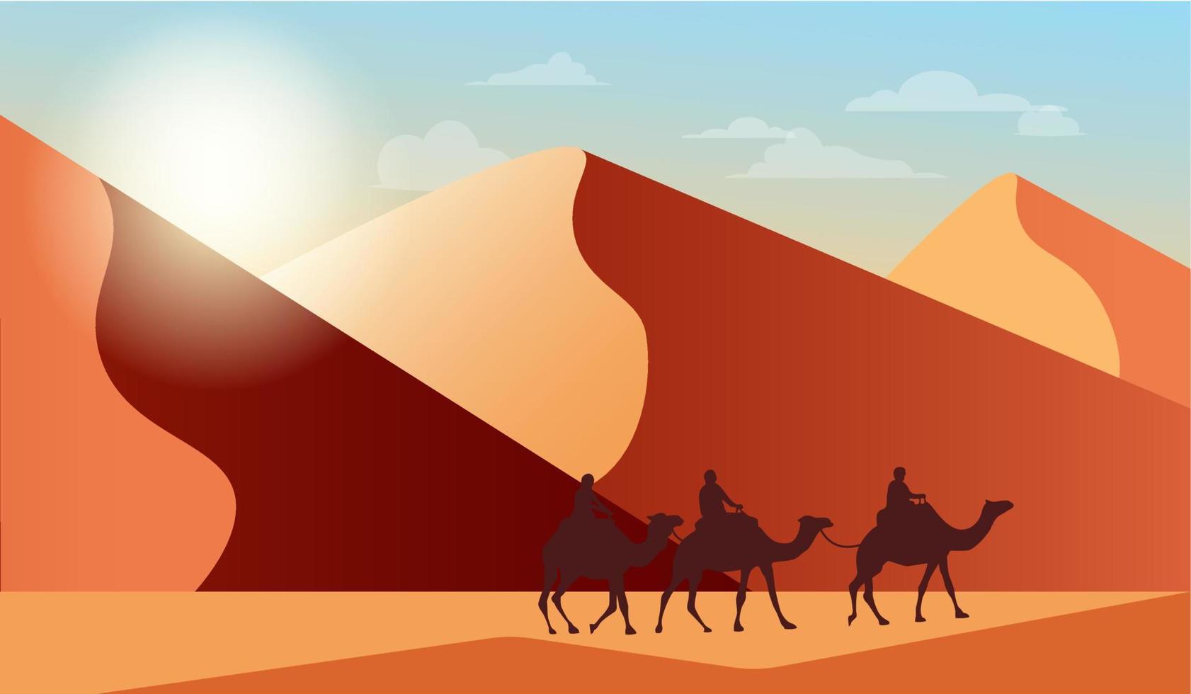 Desert landscape with sand dunes, camel caravan vector