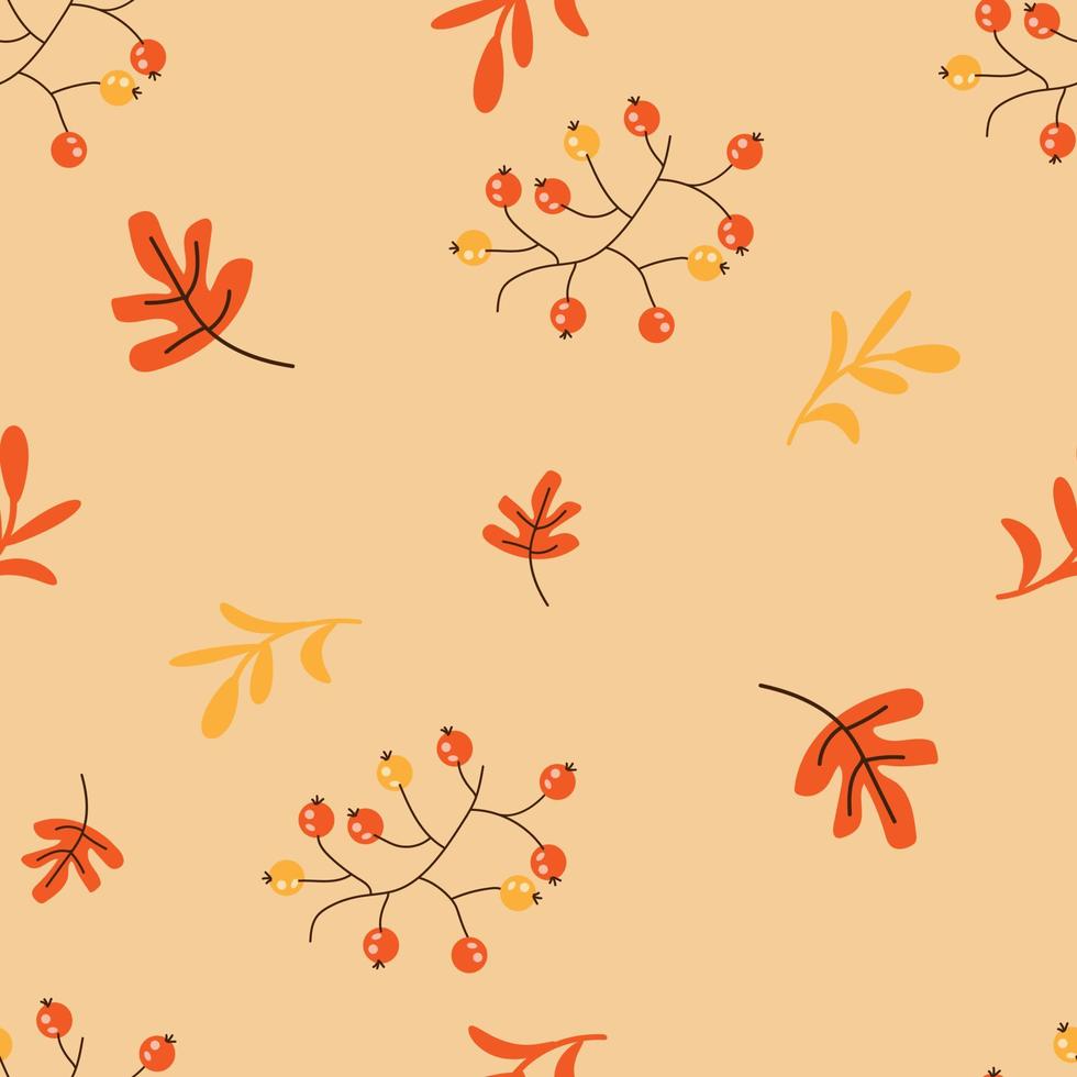 Autumn seamless pattern with cartoon oak leaves and rowan berries vector