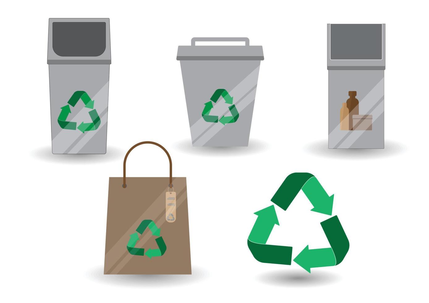 3 types of trash cans, recycle mark, paper bag on white background. vector