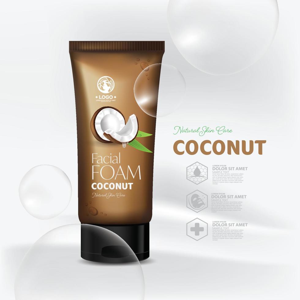 Coconut Oil Moisture Essence Skin Care Cosmetic composition for poster, banner, label, sticker Design vector illustration