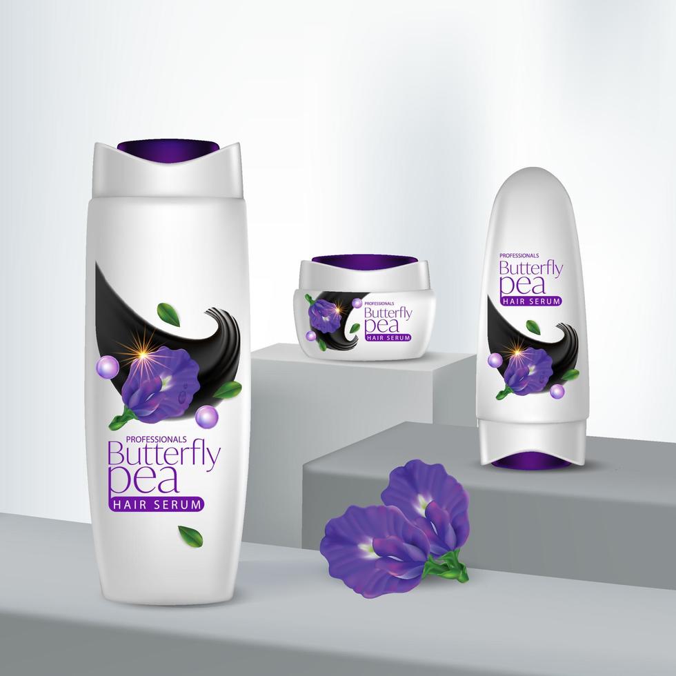 Packaging products Butterfly pea hair care design Bottles of shampoo. vector