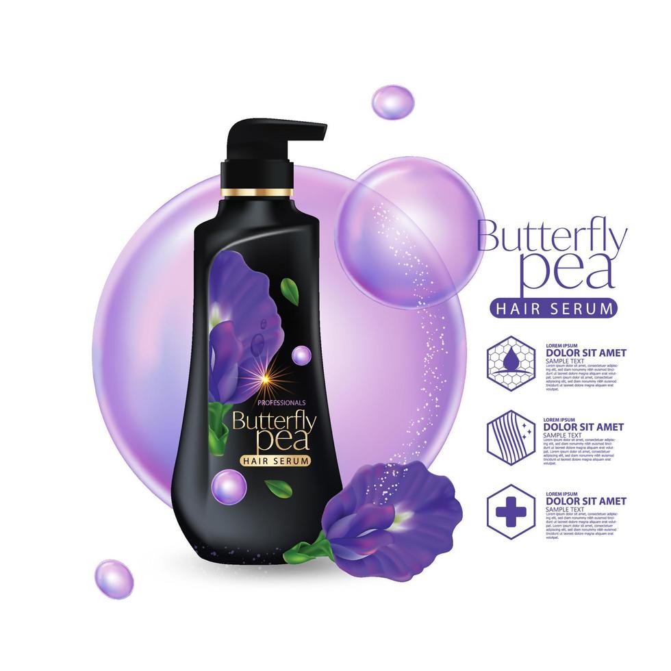 Packaging products Butterfly pea hair care design Bottles of shampoo.  8924680 Vector Art at Vecteezy