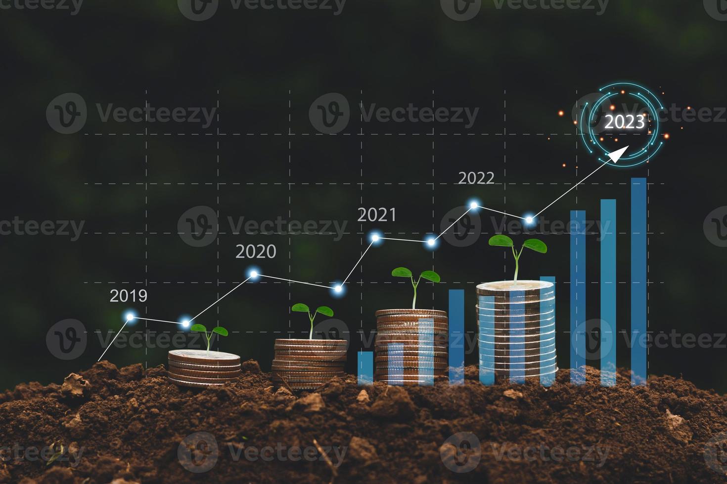 pile of coins with digital graph chart Concept of future trend analysis of financial business to start saving or investing in 2023. photo