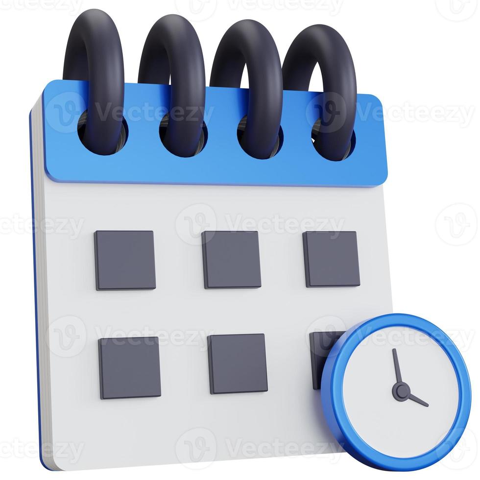 Calendario de renderizado 3d con reloj azul aislado foto