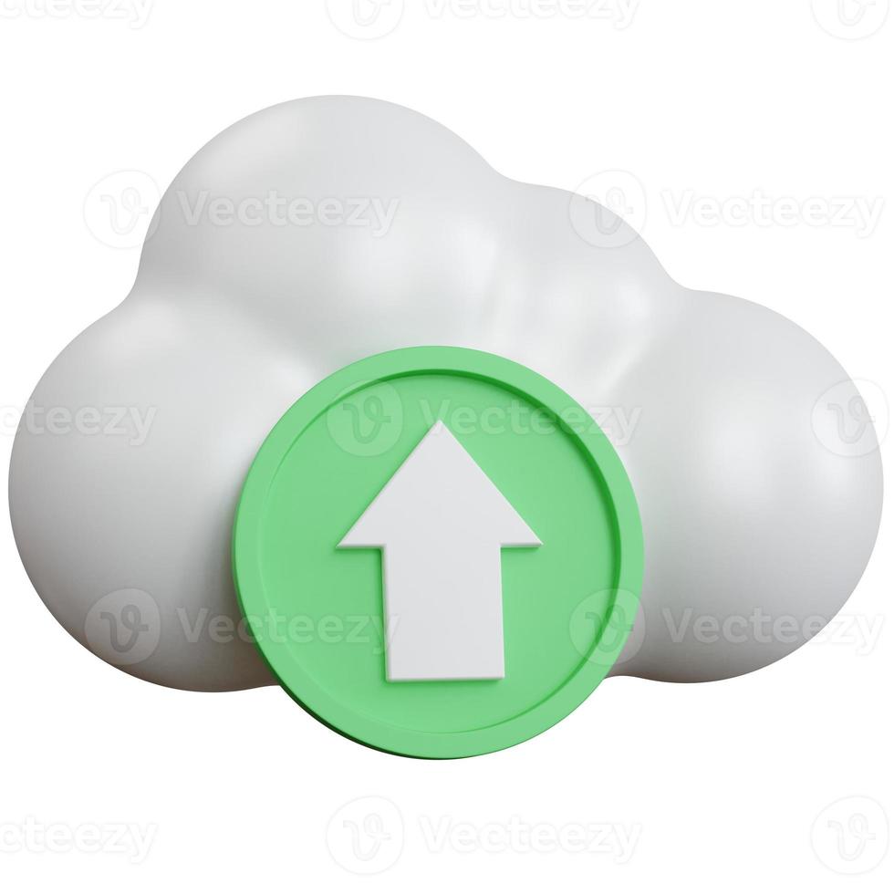 3d rendering cloud upload white with an up arrow in a green circle isolated photo