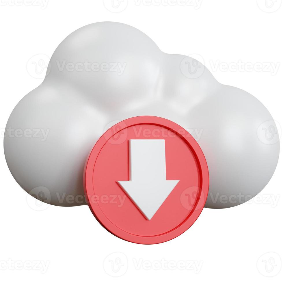 3d rendering cloud white with an down arrow in a red circle isolated photo
