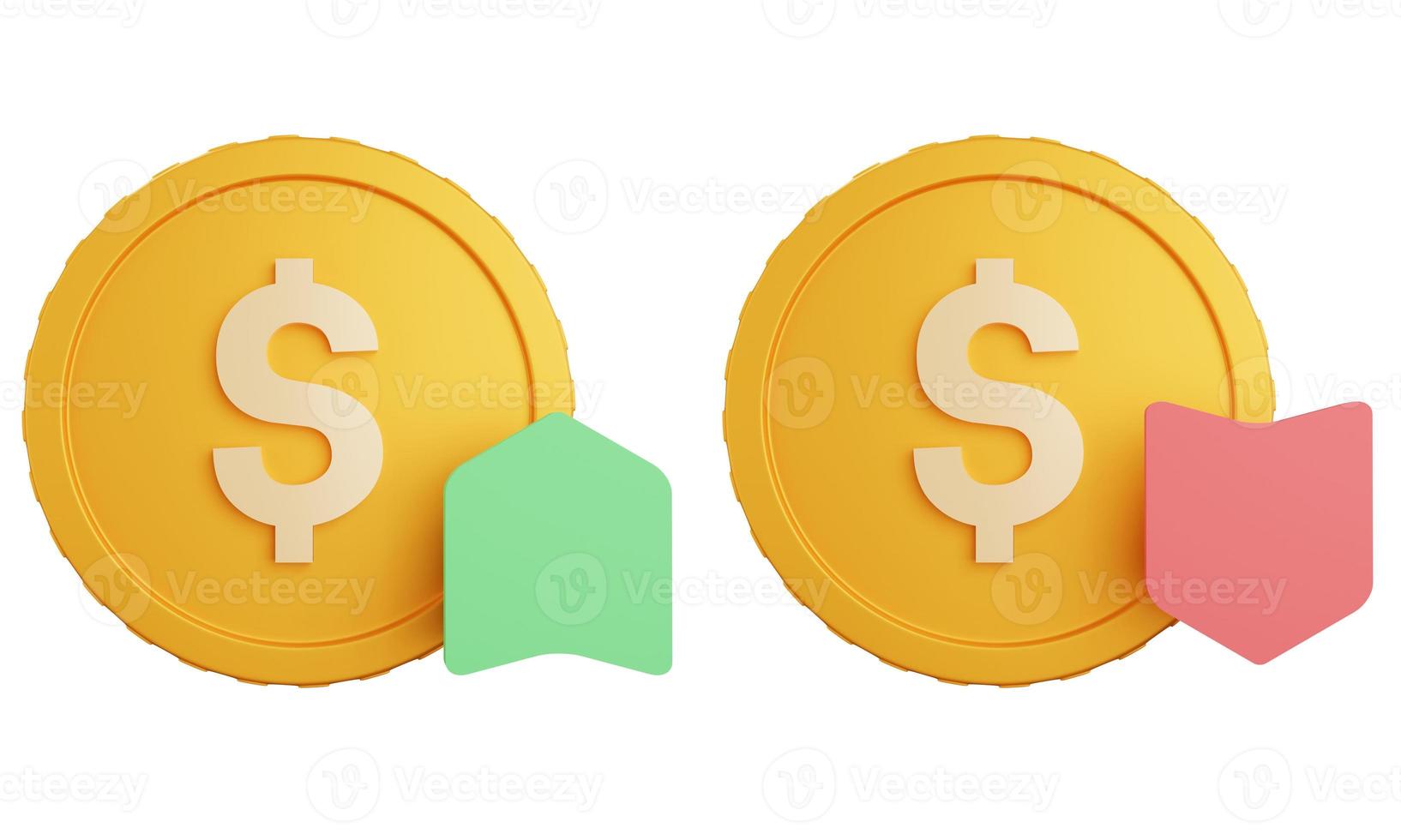 3d rendering two dollar coins graph up and down white background photo