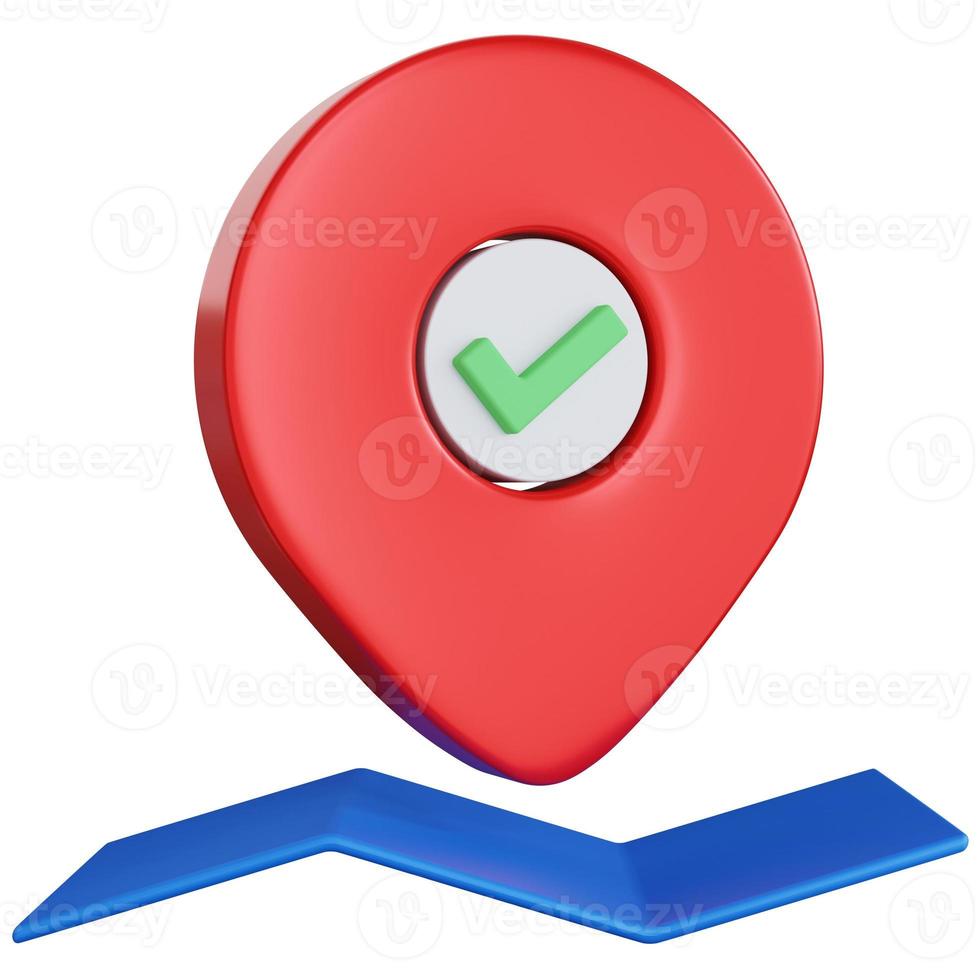 3d rendering pin pointer check mark with map below isolated photo