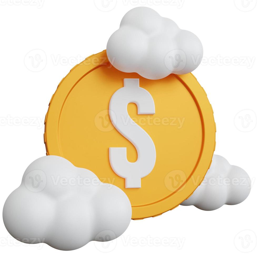 3d rendering yellow coin dollar with three white clouds isolated photo