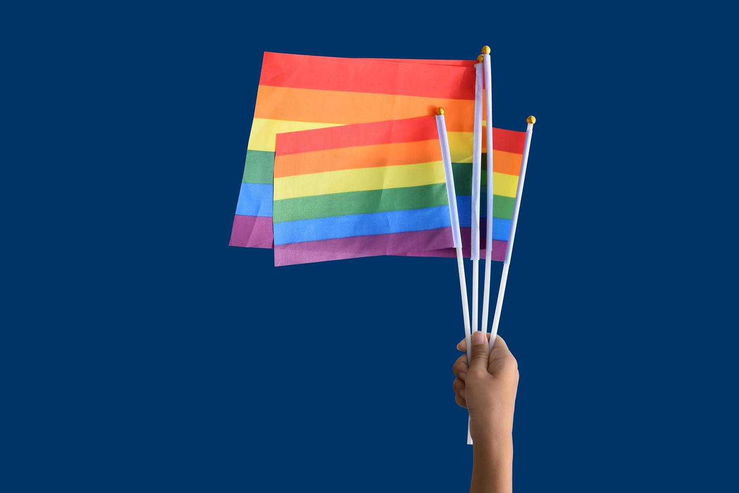 Isolated rainbow flags in hand with clipping paths, photo