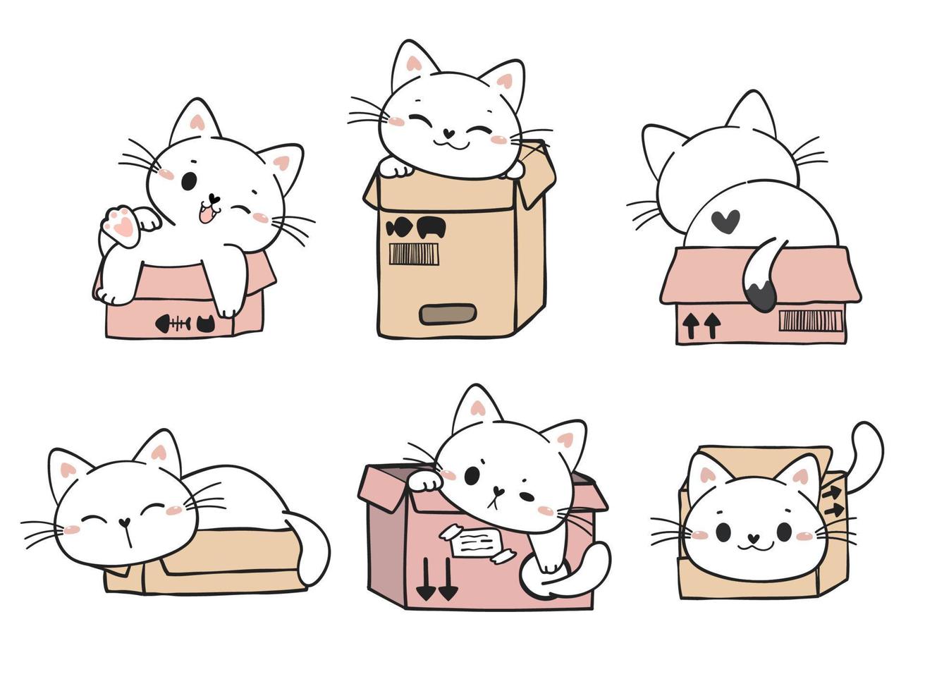cute funny playful white kitty cats in cardboard boxes collection, adorable cartoon cat pet animal hand drawn vector