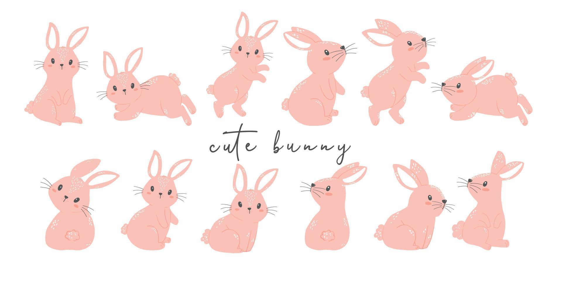 cute bunny rabbit pink in different poses collection, cartoon animal hand drawing vector illustration