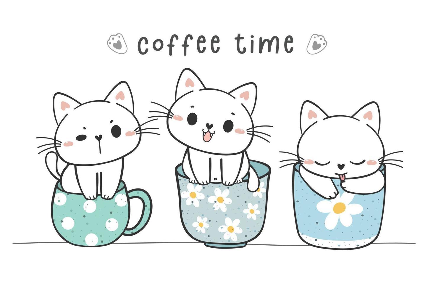 grupo de lindos gatitos divertidos sentados en la colección de tazas de café, adorable animal mascota dibujo a mano doodle vector