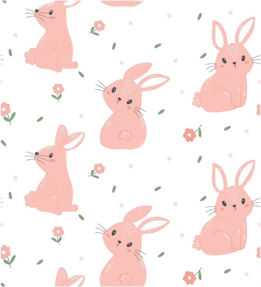 cute pink bunny rabbit pattern seamless isolated on white background, nursery animal hand drawing vector