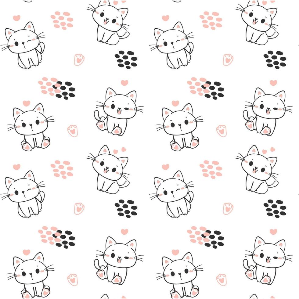 seamless pattern background cute happy smile kitten cat sitting cartoon doodle hand drawing isolated on white background vector