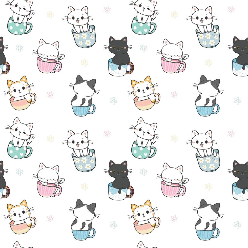 seamless pattern background cute kitten cat in coffee cup tea mug cartoon doodle hand drawing isolated on white background vector
