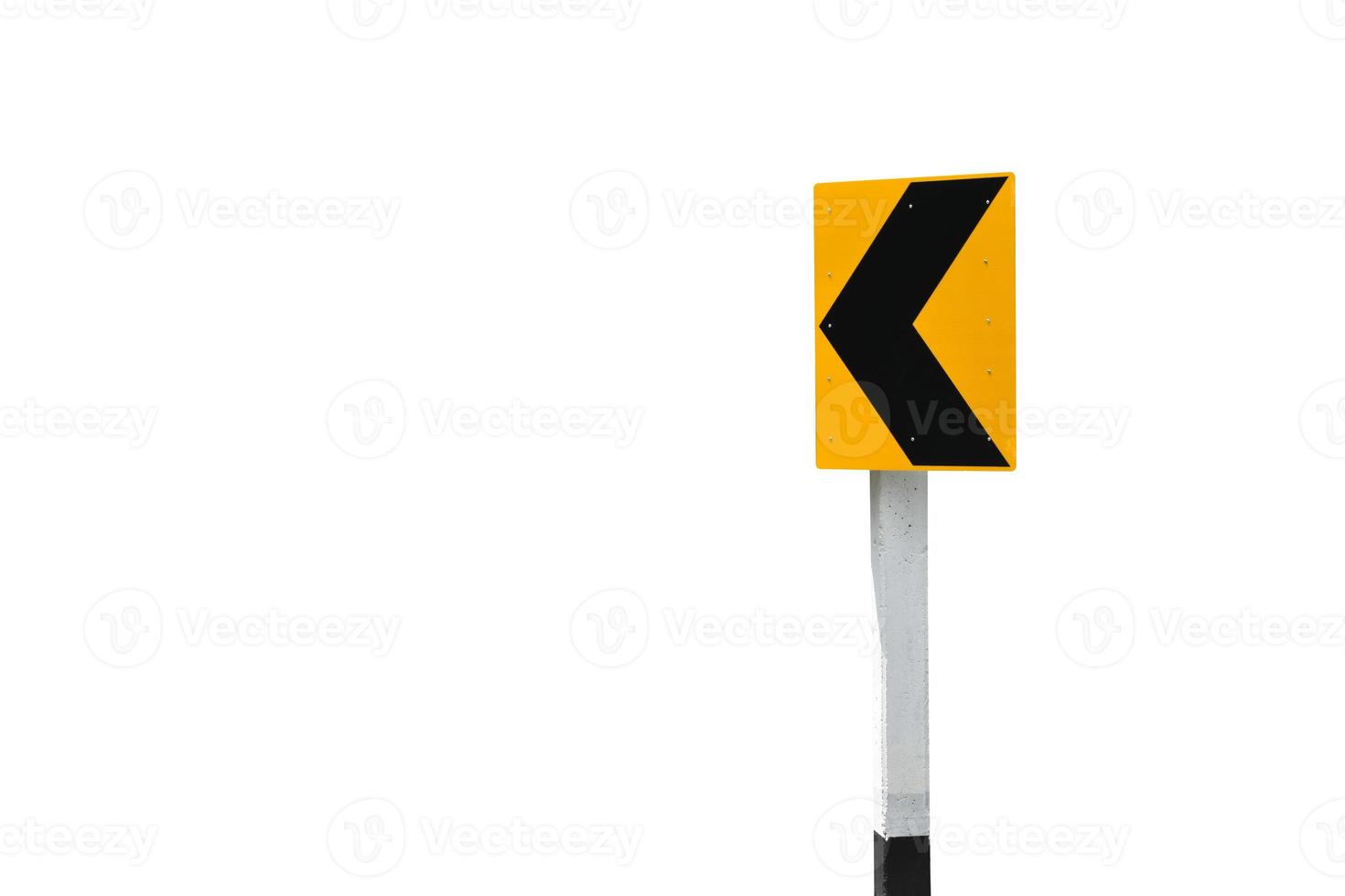 Isolated left black arrow warning sign on white pole, traffic signs, with clipping paths. photo