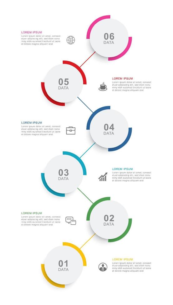Infographics circle timeline with 6 number data template. Vector illustration abstract background.