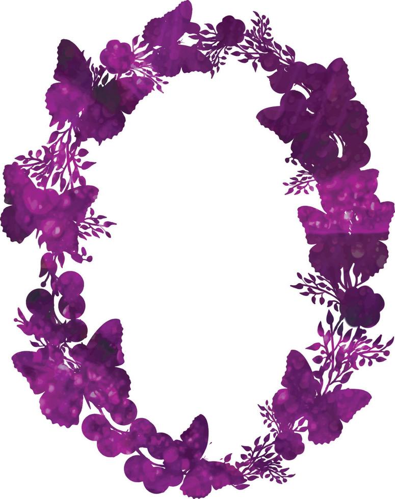 Wreath purple colour  with flowers and butterfly. vector
