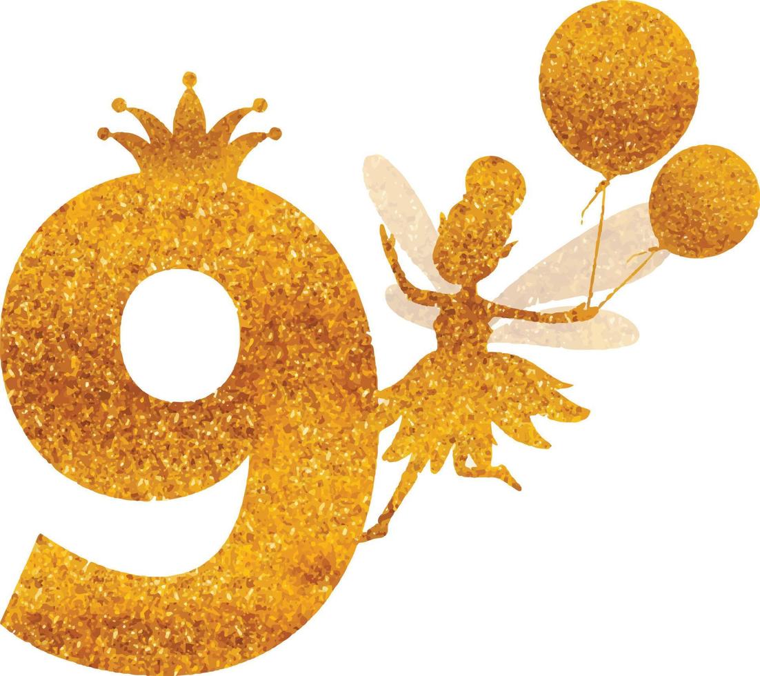 Number nine for birthday cake topper with fairy. Golden colour. vector