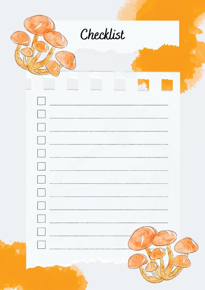 White Floral Printable Checklist with autumn mushrooms and watercolour background. vector