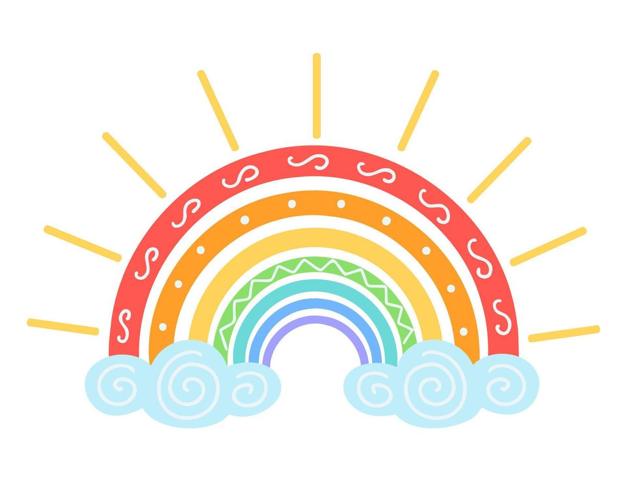 arco iris con rayos. ilustración para impresión, fondos, cubiertas, empaques, tarjetas de felicitación, carteles, pegatinas, textiles y diseño de temporada. aislado sobre fondo blanco. vector