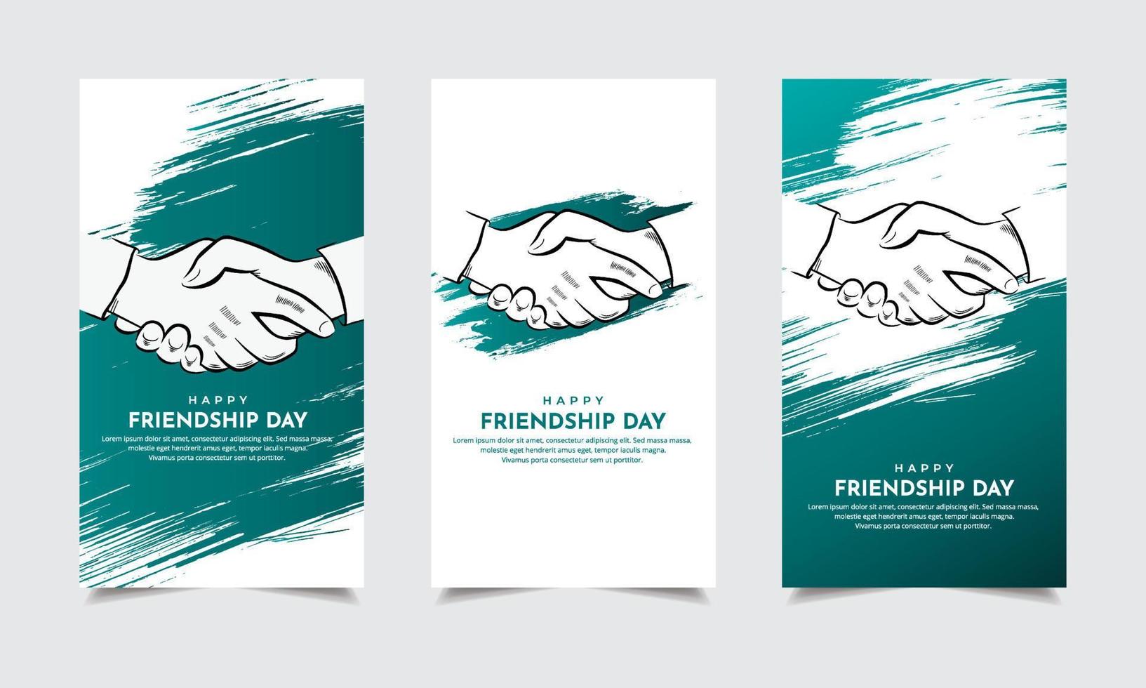 celebration friendship day design template stories with brush stroke and hand shake silhouette vector