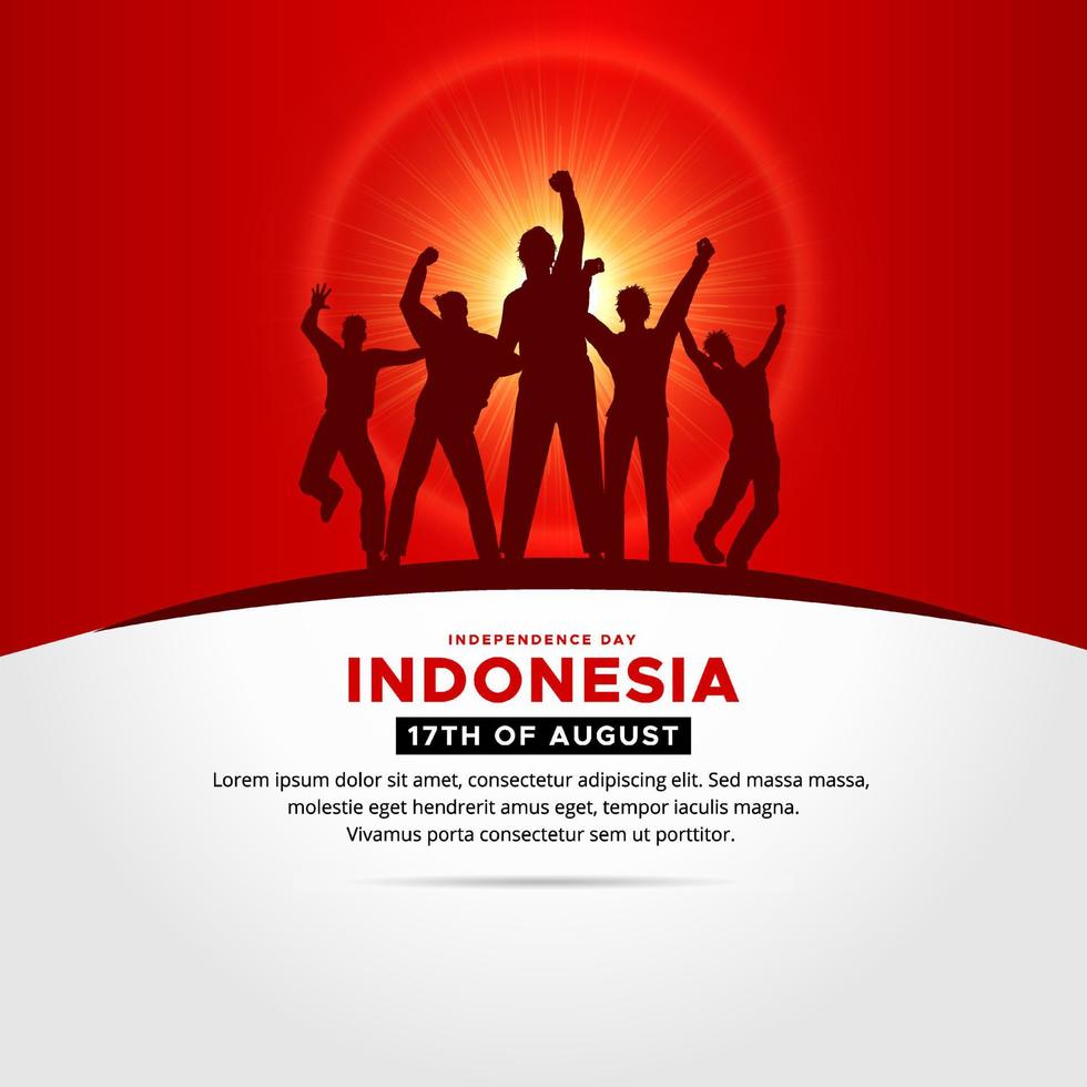 Shiny Indonesia Independence Day design with silhouette of cheerful youth vector. vector