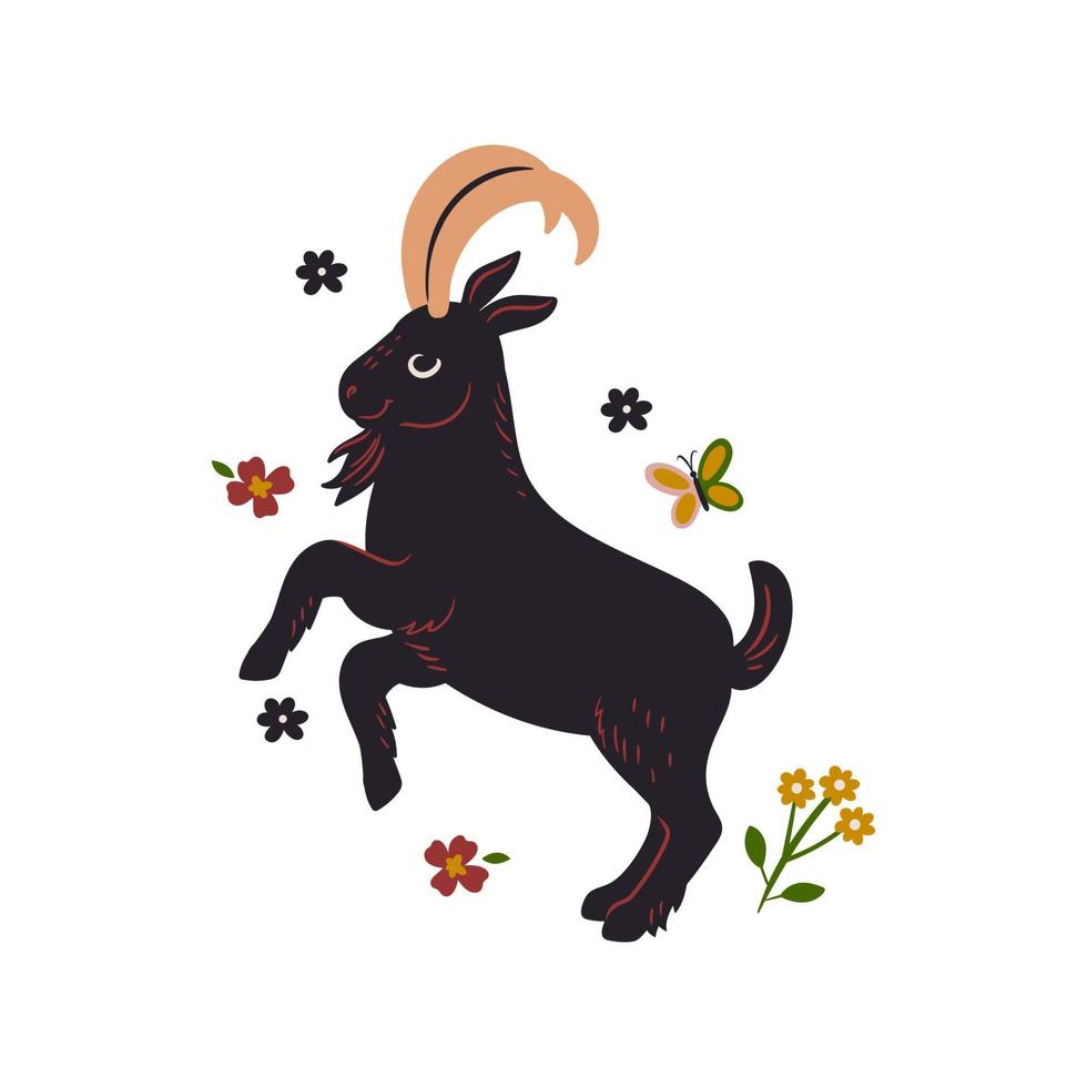 Cute goat and flowers isolated on white background. Vector graphics.