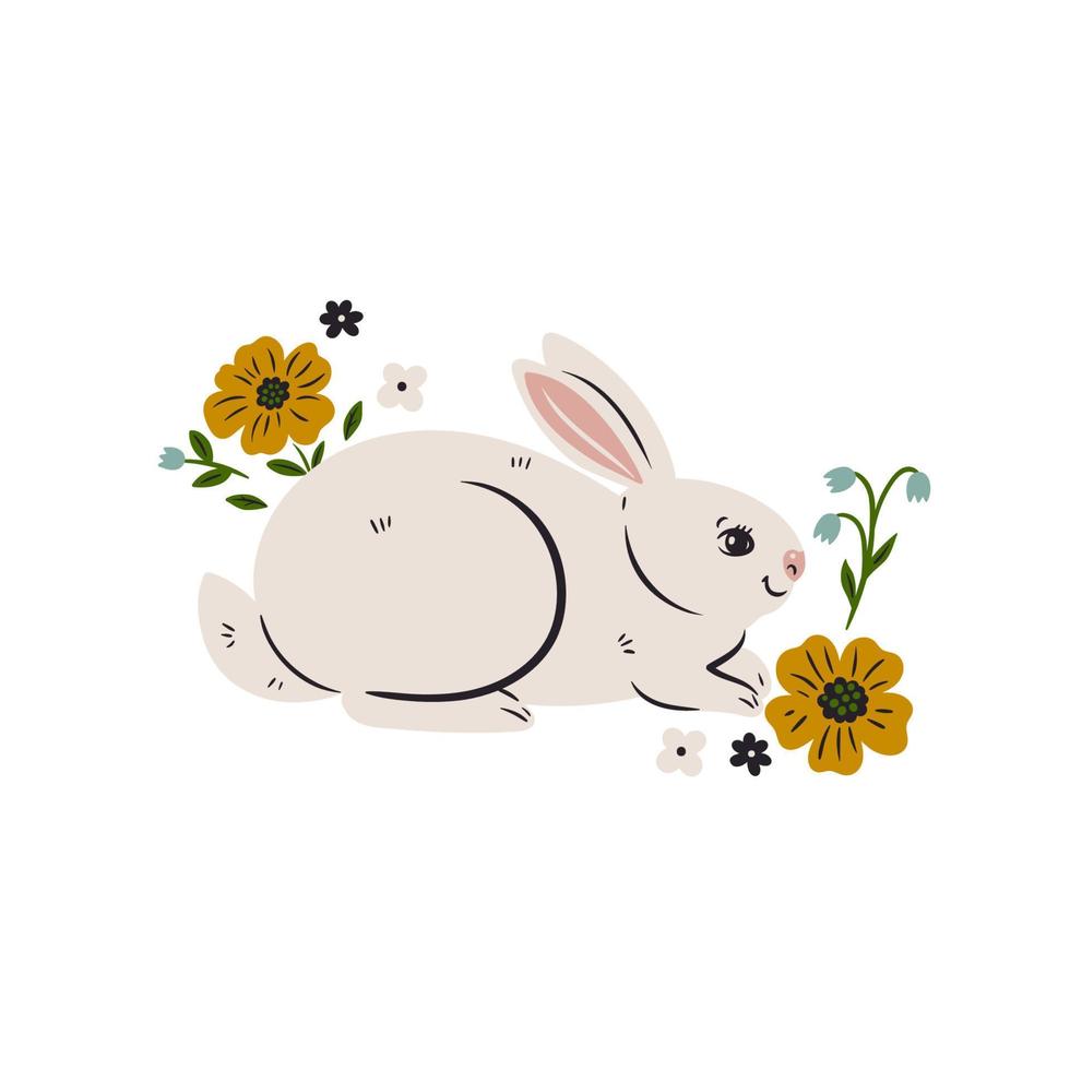 Cute rabbit and flowers isolated on white background. Vector graphics.