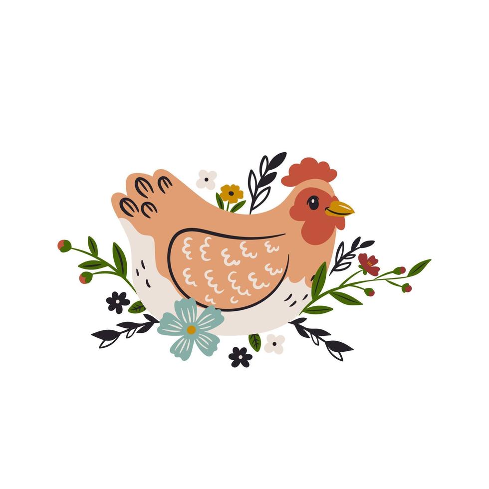 lindo pollo y flores aisladas sobre fondo blanco. gráficos vectoriales vector