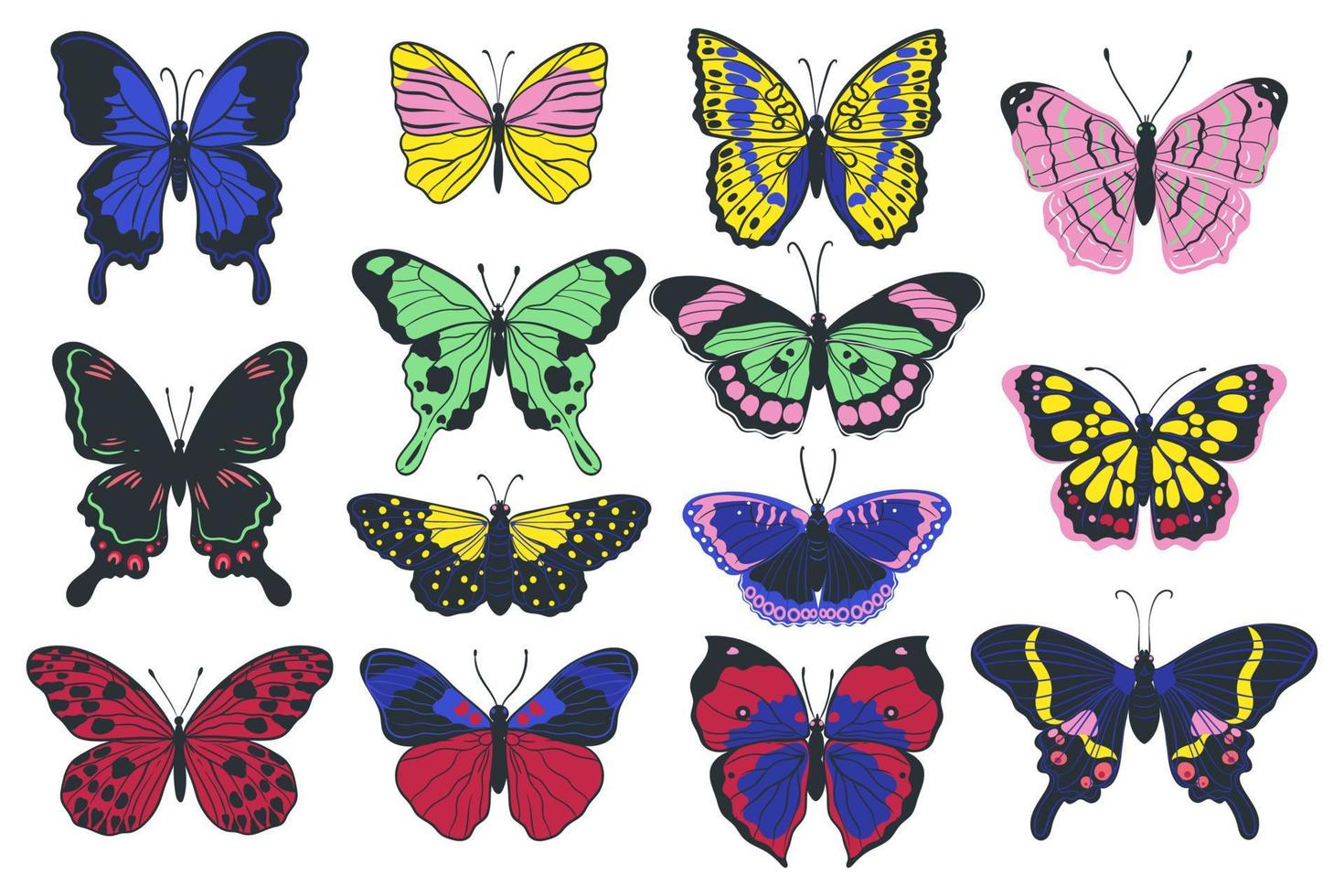 Set of colorful butterflies isolated on white background. Vector graphics.