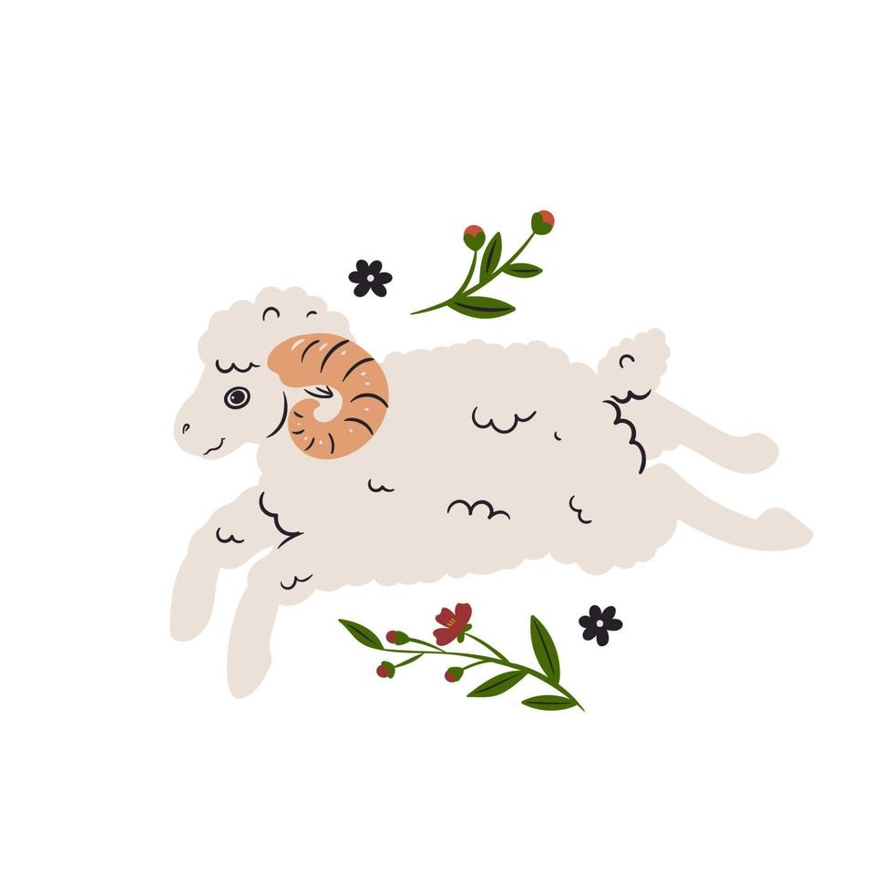 Cute ram and flowers isolated on white background. Vector graphics.