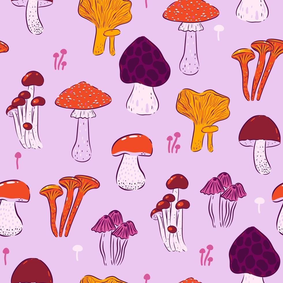 Seamless pattern with different types of mushrooms. Vector graphics.
