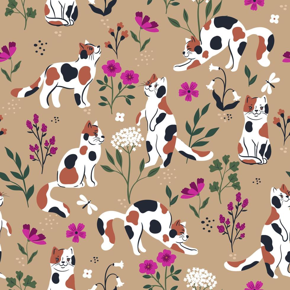 Seamless pattern with cute cats and flowers. Vector graphics.