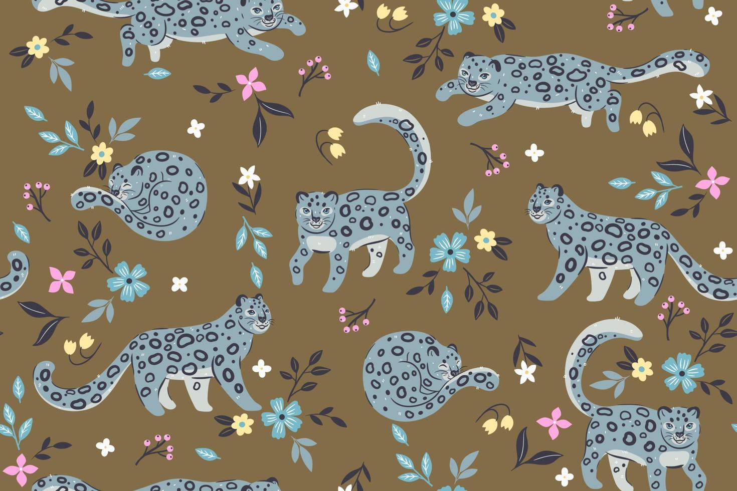 Seamless pattern with snow leopards and flowers. Vector graphics.